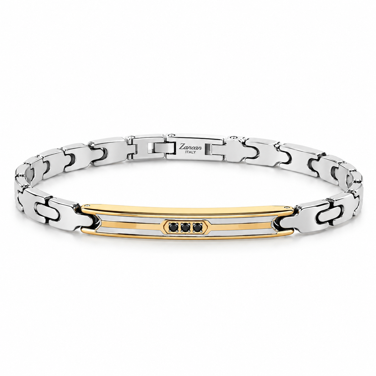 Bracciale da Uomo Zancan in Acciaio, con targa centrale acciaio dorato e 3 spinelli neri centrali  - UHB124
