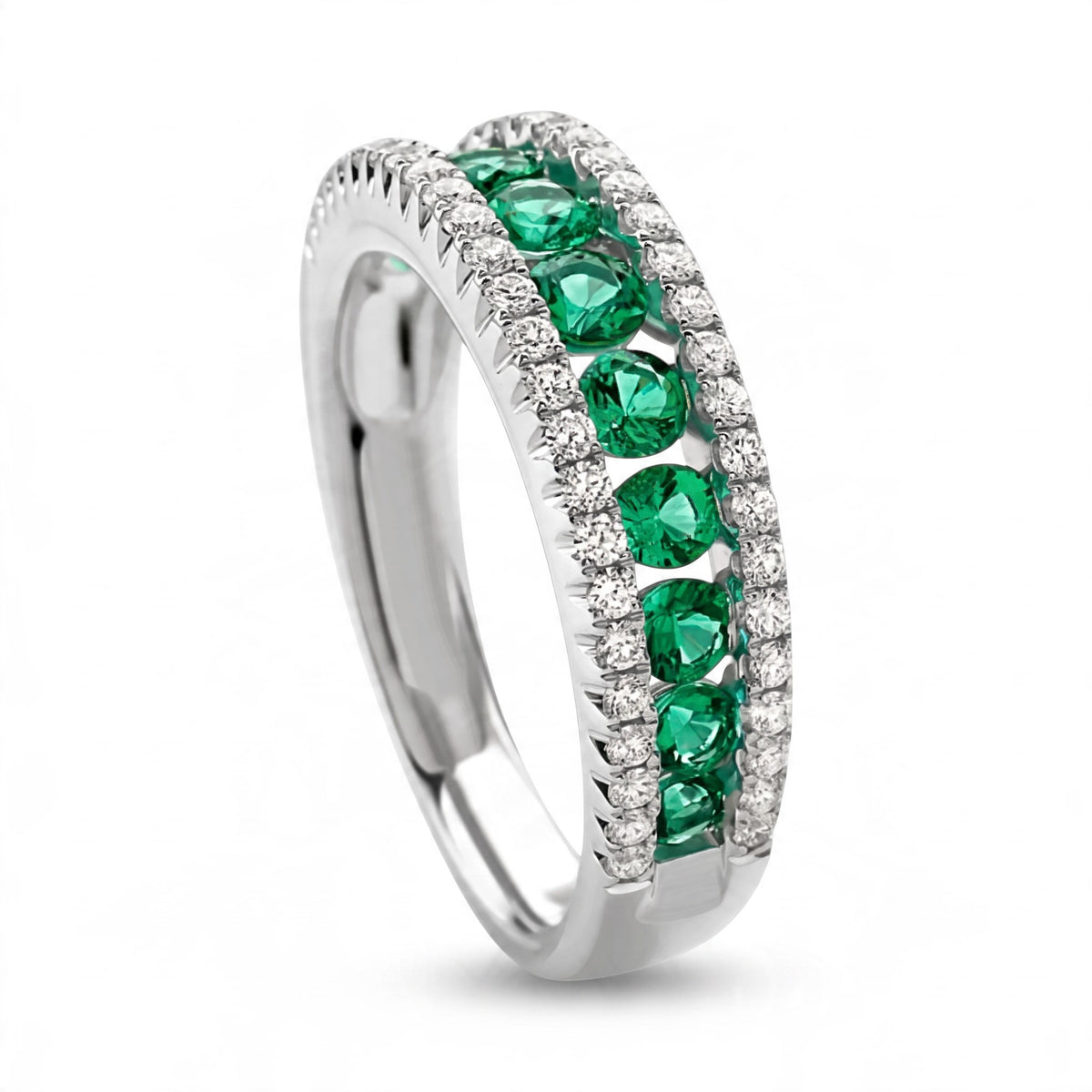 Veretta a binario Giorgio Visconti in oro bianco 18kt, doppia fila di diamanti 0.38ct e fila di smeraldi centrale 0.81ct - ABX14189S