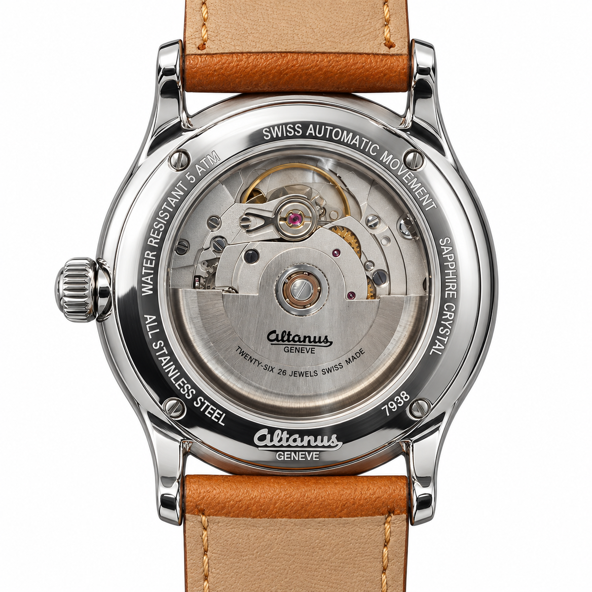 Orologio Altanus Prestige — Automatico con fondello a vista, quadrante nero e cinturino marrone — NOS, 41mm - 7938