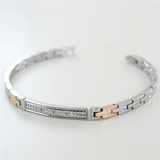 Bracciale Zancan Hi-Teck da uomo — Acciaio 316L e PVD oro rosa — Piastrina centrale con zirconi — 21 cm regolabile - EHB194