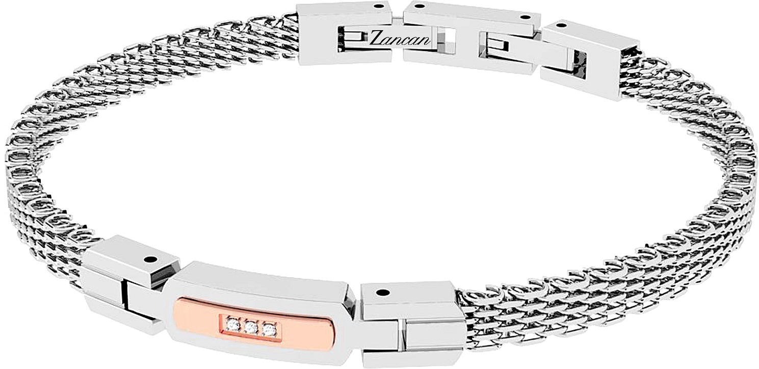 Bracciale da Uomo Zancan in acciaio, PVD Oro Rosa e Zirconi Bianchi, maglia groumette - EHB448
