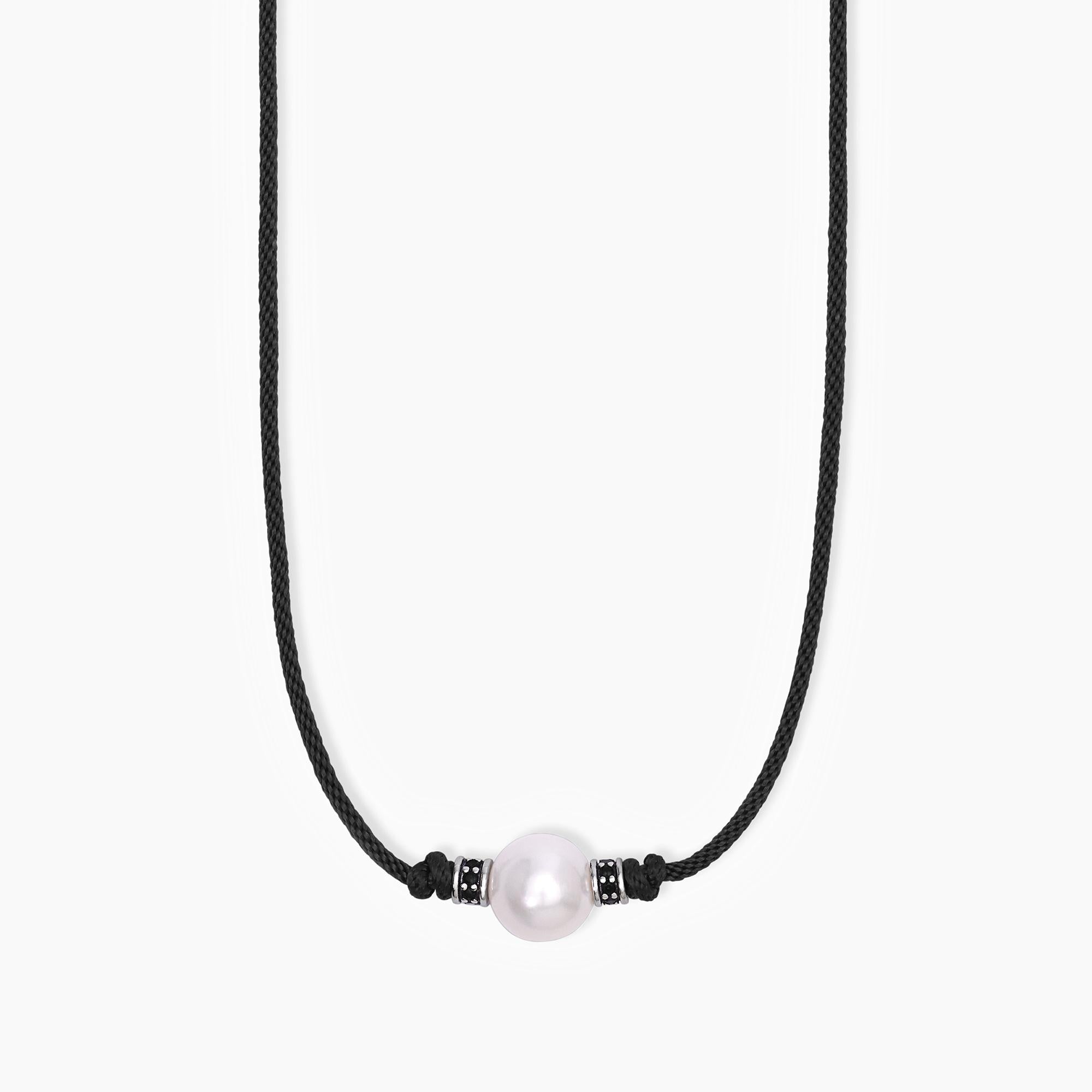 Mabina Homme - Collier en argent avec cordon noir et perle blanche TROPICAL - 553587